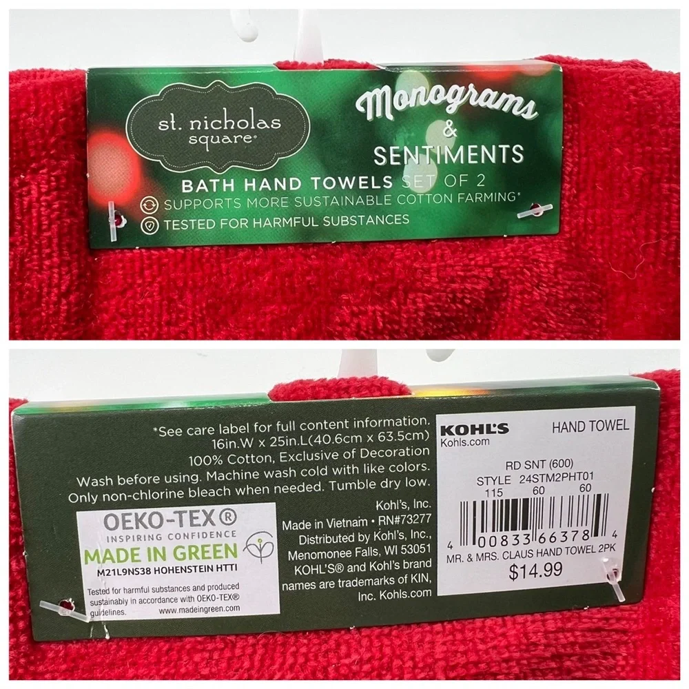 St. Nicholas Square Holiday Season Mr & Mrs Claus Hand Towel 2-pack Set NEW - Picture 4 of 4